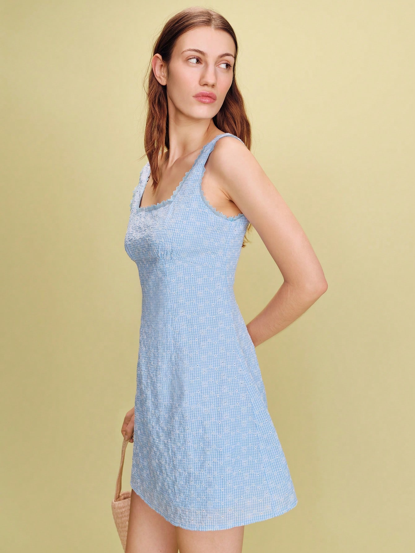Gingham Mini Dress With Lace-Trimmed Square Neckline Summer Dress Spring Summer French Style Parisian Style Vacation Dress Holiday Dress Blue Embroidered Dress