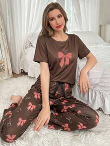 Bow Print Short Sleeve & Pants 2 Pieces Pajama Set - Multicolor - View 3