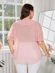 Reflora Áo kiểu nữ cỡ lớn màu trơn cổ bèo tay ngắn kiểu cánh hoa - Hồng - Xem 9