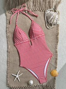 Swim Mod 新款红白格子露背吊带连体泳衣 - 紅色 - 查看 4