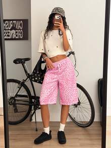 Muchica Women's Leopard Print Drawstring Waist Pocket Casual Versatile Daily Wear Wide Leg Shorts - Pink - View 1