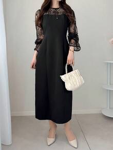 FRIFUL Women's Round Neck Chiffon Mesh Patchwork Bell Sleeve Contrast Color Sweet Casual Party Dress Sundress - Black - View 3