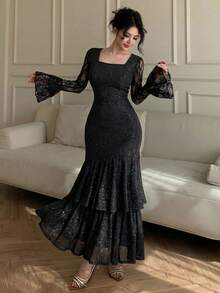 DAZY 女士优雅蕾丝拼接方领荷叶边喇叭袖不对称中长连衣裙，春夏款 - 黑色 - 查看 1