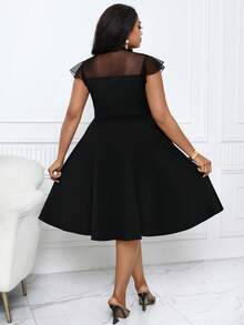 Villa Velisse 女士优雅高领系带袖波点蕾丝拼接A字连衣裙 - 黑色 - 查看 2