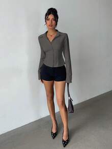 Aloruh Women's Elegant Spring/Summer Commute & Daily Wear Simple Solid White Short Sleeve Ruched Waist Long Sleeve Blouse - Grey - View 8