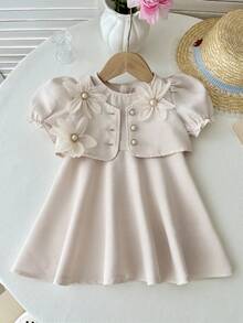 LMoss Kids Baby Girl Woven Solid Color Sleeveless Dress With Cardigan, 2 Piece Set - Apricot - View 5