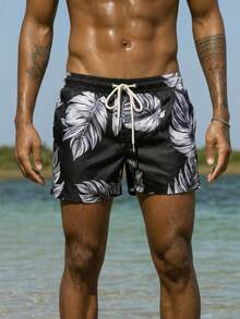 Manfinity Swimmode 男士休闲海滩度假印花抽绳宽松沙滩短裤 - 黑色 - 查看 6