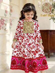Sparklyn Vêtement arabe traditionnel Jalabiya pour filles, printemps/été/automne, imprimé floral rouge/rose, manches longues, convient aux filles mignonnes et élégantes, de haute qualité, adapté pour le quotidien, l'école, les sorties, les fêtes, les vacances, le Nouvel An - Rose vif - Voir 8