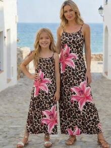 SHEIN 女童豹纹碎花吊带连衣裙 - 淺粉色 - 查看 1