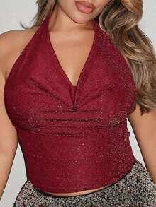Maria Perezxox 酒红色露背针织亮片派对圣诞性感深V领吊带背心 - 酒紅色 - 查看 7