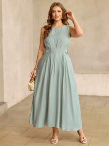 Roveilla Plus Size Women's Spring/Summer French Elegant Luxury Minimalist Design Casual Vacation Workwear Vintage Comfortable Solid Color Linen-Like Fabric Round Neck Waist Cinched Sides Waist Loops Metal Button Flared Hem Sleeveless Maxi Dress Plus Size Sage Dress Dusty Blue Women Dress Sage Dress Plus Size Curve Dresses With Pockets Light Blue Dress Curve - Mint Green - View 5