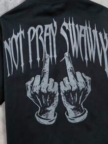 Manfinity Unisex Men's Casual Hand Gesture & Letter Print Short Sleeve T-Shirt Hip Hop Tee Shirts Street Wear Metal Band T Shirt Street Wear Tee Heavy Weight T Shirt - Black - View 4