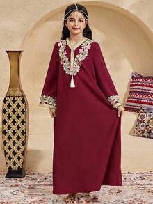 SHEIN Vestaglia casual con scollo a V, nastro metallico super lungo e nappe per ragazze pre-adolescenti - Rosso - Visualizzare 5