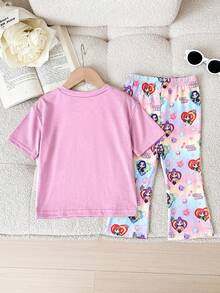 SHEIN Bộ 2 món áo thun cổ tròn và quần legging dệt kim họa tiết dễ thương cho bé gái - Nhiều màu - Xem 2