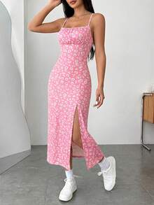 SHEIN EZwear Nuevo vestido de punto con tirantes de espagueti y abertura, con estampado, para mujer, para vacaciones - Rosa - Ver 4