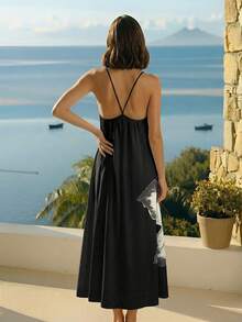 CAJUNI 度假休闲碎花露背吊带连衣裙 - 黑色 - 查看 2