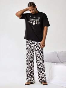 MONOPOLY X SHEIN 男士卡通印花短袖上衣和裤子睡衣套装，MONOPOLY - 黑色 - 查看 4