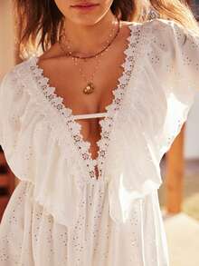 Bohemian Boho Style Knitted Hollow-Out Jacquard, Water-Soluble Lace Patchwork Ruffle Hem Romantic Waist-Cinched Women Pajama Jumpsuit - White - View 4