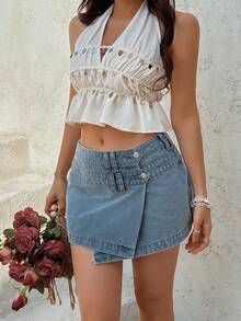 Sunnyshic Women's Button Casual Versatile Daily Wear Denim Mini Skirt - Light Wash - View 5