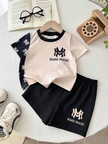 SHEIN 男婴针织撞色圆领休闲T恤和短裤两件套 - 彩色 - 查看 5