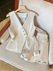 GlowEve Women's Summer Casual Commuting Vest And Shorts 2 Pieces Set - Apricot - View 8