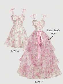 SHEIN MOD 大码优雅印花吊带连衣裙和网纱半身裙套装 - 粉色 - 查看 1