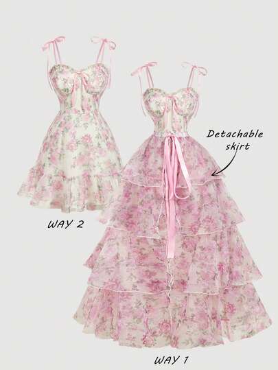 SHEIN MOD Plus Size Elegant Floral Print Camisole Dress And Mesh Skirt Set,Pink Floral Chiffon Dress Lightweight Polyester Fabric Spaghetti Straps Bow Tie Detail Ruffle Hem Layered Skirt Sweet Romantic Style Soft Texture Spring Summer Daily Wear ,Two-Piece Dress,Birthday Party Dress,Wedding Dress, Spring Clothing Babydoll Dresses Tea Party Dresses Garden Party Dresses Floral Dresses Flower Dresses