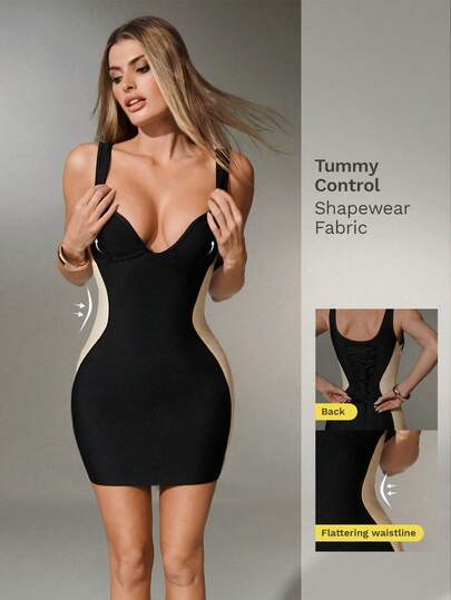 Nuvra Women's Party Banquet Contrast Color V-Neck Spaghetti Strap Backless Bodycon Bandage Midi Dress, Elegant For Dates