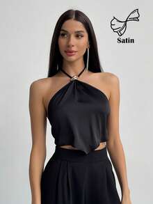 Aloruh Metallic Detail Asymmetrical Hem Halter Neck Top For Women - Black - View 2