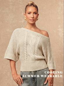 Lumalex Beige Summer Casual Asymmetric Collar Short Sleeve Sweater,Brunch Boho-Casual Flair Quiet Luxury Business Chic,Glitter-Accented Party Look For Vacay - Apricot - View 2