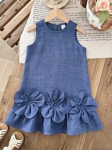 LMoss Kids Đầm dệt hoa màu xanh dương trơn cổ tròn không tay cho bé gái - Màu xanh lam - Xem 8