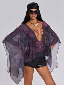 ROMWE Spring/Summer Y2K Sexy Chic Crystal Chain Decor Women's Deep Draped Neck Backless Flare Sleeve Blouse - Purple - View 4