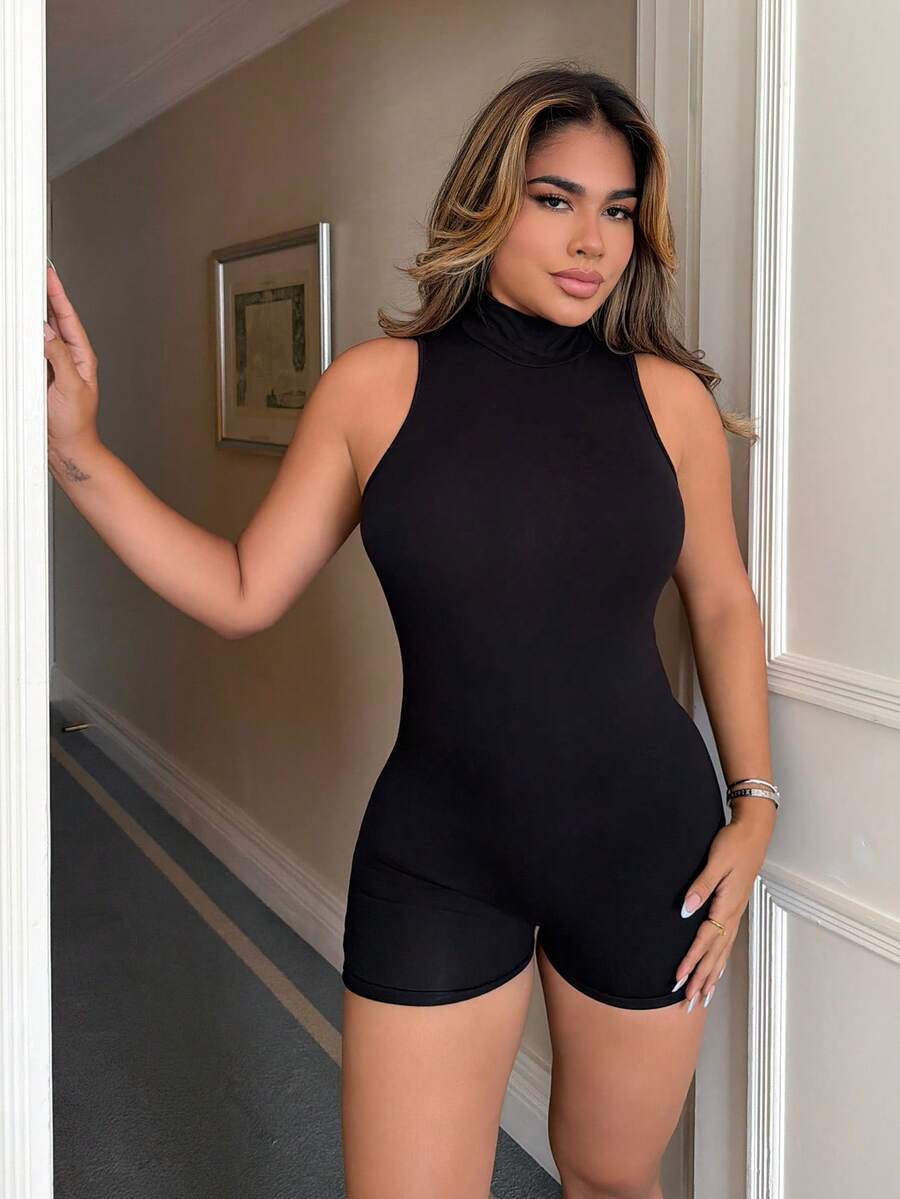 Maria Perezxox Mono de una pieza con cuello alto y espalda abierta, de unicolor y sexy, para Año Nuevo y vacaciones - Negro - Ver 1