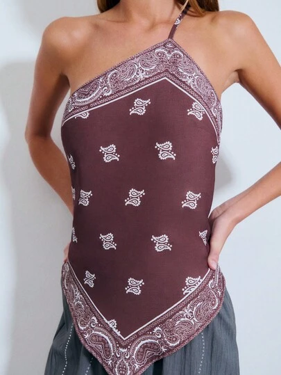 Nöista Top asimétrico con estampado de paisley y una sola correa delgada. Eventos de verano, festival, bohemio, primavera, verano.
