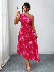 Breezaya Women's Elegant Oblique Shoulder Ombre Pleated RedOne Shoulder Summer Dress - Hot Pink - View 1