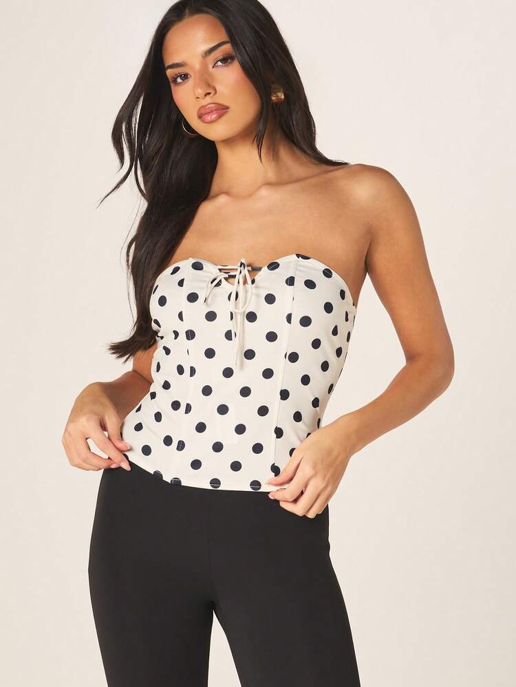 MISSGUIDED Women Strapless Polka Dot Bandeau Top With Tie Detail And Back Zipper Closure For Summer Casual Outings