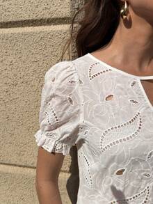 Solivie Women's White Embroidered Blouse, Elegant For Vacation, Casual Everyday Wear, Spring/Summer Summer Top Easter Weddings & Events Graduation Dress Elegant Vacation - White - View 6