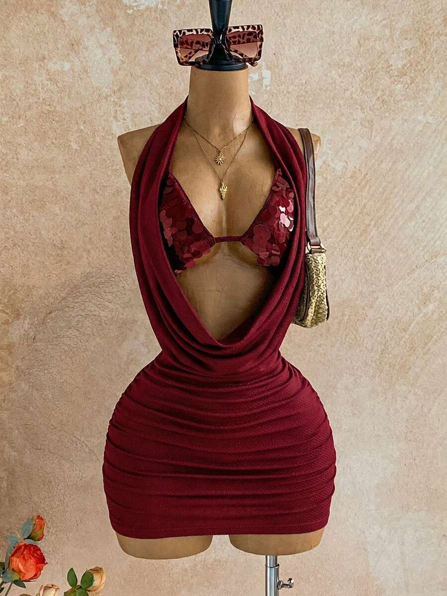 Soleia Women's Solid Color Sequin Halter Tie Ruched Sexy Mini Dress For Dates & Parties ,Summer Dress - Burgundy - View 1
