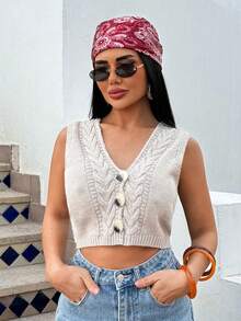 EURMUSE Cable Knit Hooded Vest With Gold Statement Buttons, Chic Sleeveless Sweater Top For Layered Spring Summer Outfits - Beige - View 3