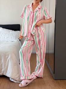 SHEIN Napfluff Heart & Stripe Print Contrast Trim Ruffle Collar Splice Women Short Sleeve Pajama Set - Multicolor - View 4