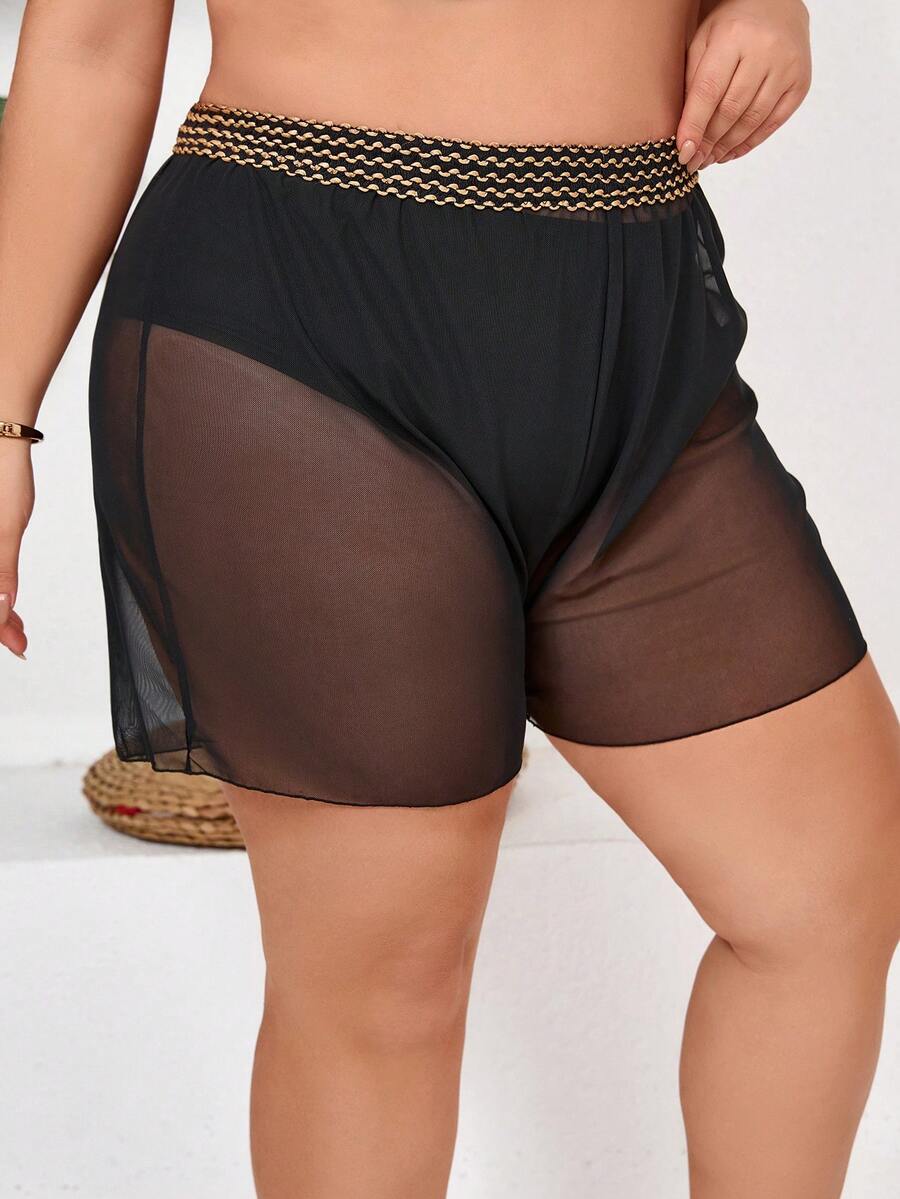 SHEIN CURVE+ Summer Beach Plus Contrast Tape Mesh Cover Up Shorts, Beach For Woman,Plus Size For Woman - Black - View 1