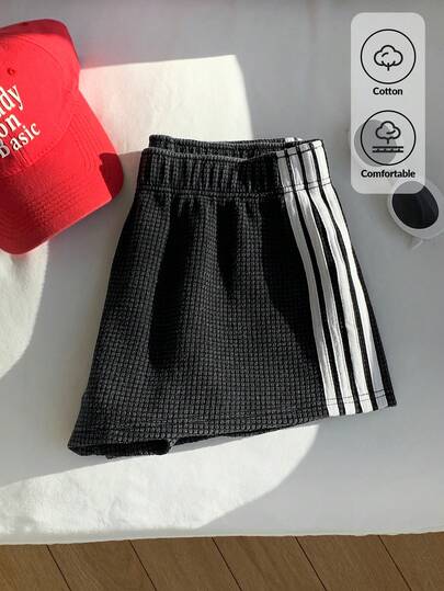Comfortcana Women's Casual Waffle-Washed Cotton Textured Fabric Elastic Waist Cotton Contrast Striped Side Shorts, Suitable For Sports, Daily Commute In Summer 2026 New Arrival Spring/Summer Fashionable Summer For Women Beach Going Out Vacations Women Casual Bottoms