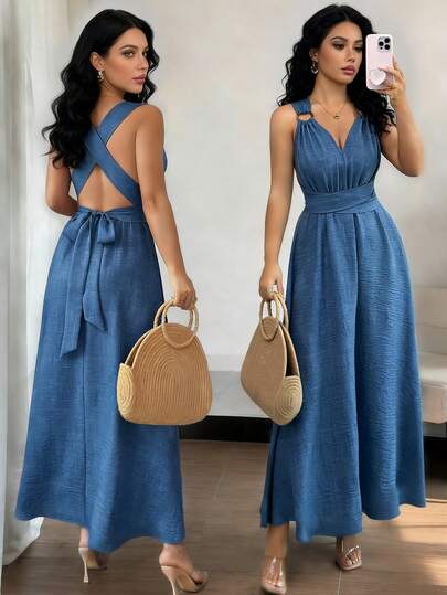 Breezaya Women's V-Neck, Side Cross-Strap, Backless Blue Comfortable Textured Fabric A-Line Maxi Dress.  Summer Dress For Women, Carnival Dress, Elegant Party Dress, Vacation Dress, Beach Wear Dress, Open Back Dress, Ring Detail Strap Dress, Women's Casual Dress, Blue Dress, Fitted Waist Dress, Strap Dress, Pleated Fabric Slip Dress, Tie-Up Ring Detail Design Dress. Blue Maxi Dress Women
