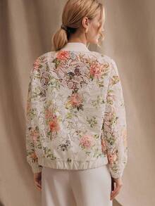 Anewsta Women's Elegant Floral Print Lace Sheer Stand Collar Long Sleeve White Lace Jacket, Spring/Summer - White - View 3