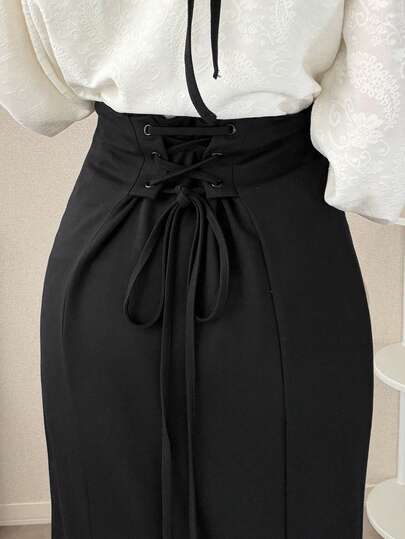 FRIFUL Women's Solid Color Waist Tie Bow Skirt With Fishtail Hem, Casual Versatile Long Skirt For Spring/Summer