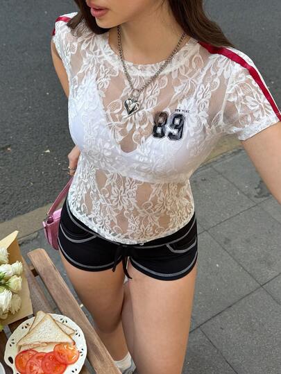  SHEIN MainGRL Sexy White Sheer Lace Short Sleeve Crop Top With 89 Print & Red Stripe Detail, Y2K Streetwear Easter Summer Outfit For Women