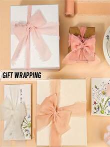 1/2/3 Rolos de Fita de Chiffon Feita à Mão com Borlas e Bordas Desfiadadas, Adequada para Convites de Casamento, Buquês de Noiva, Embrulho de Presentes, Artesanato e Decorações de Feriados. Na cor vermelha, é ideal para embrulho de presentes de buquê de noiva, artesanato de decoração de casamento e suprimentos para festa do Dia dos Namorados. - Rosa claro. - Visão 4
