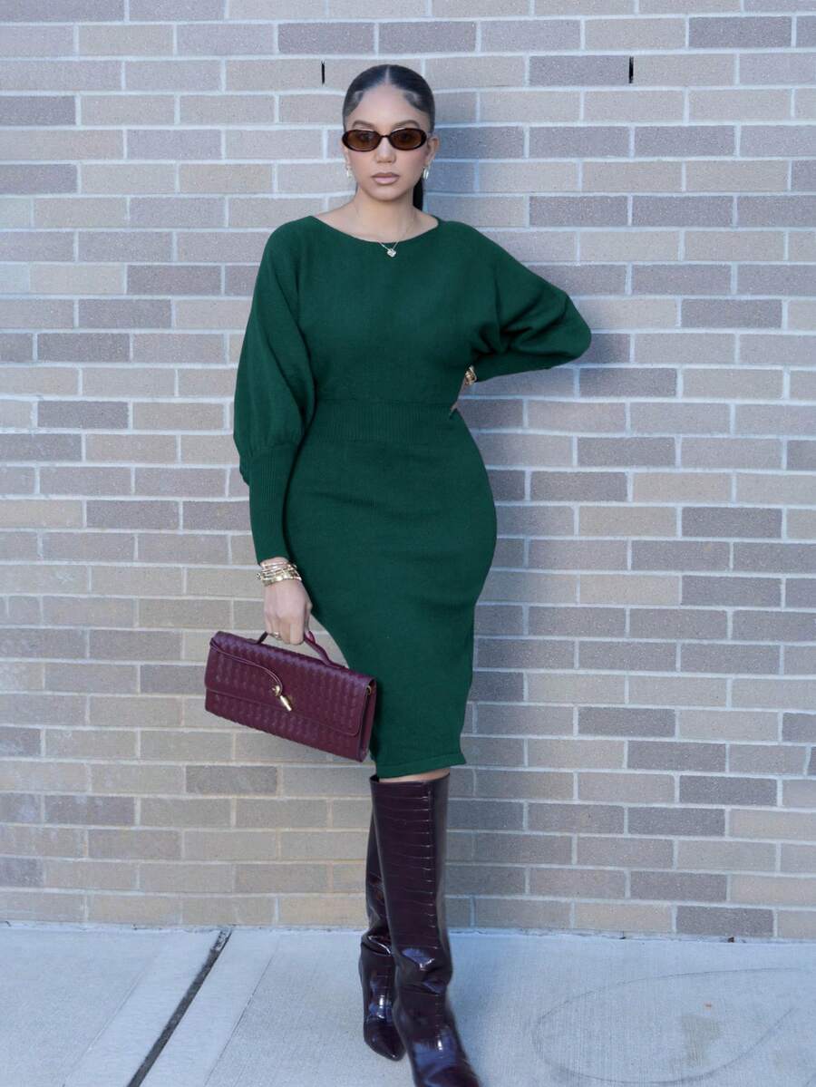 Melissa Matos 燈籠袖毛衣洋裝 - 墨綠色 - 查看 1