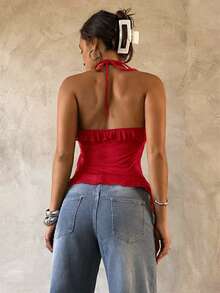 Aloruh Áo kiểu chiffon cổ yếm gợi cảm dành cho nữ - Đỏ - Xem 2