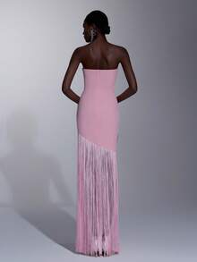 Elitara 优雅奢华的白色和浅粉色波浪纹弹力针织拼接长裙，饰有手工串珠流苏和3D立体花卉装饰，适合派对、约会、度假、婚礼、正式场合、晚宴等场合（做工精良） - 淺粉色 - 查看 3